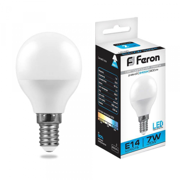 Лампа светодиодная Feron E14 7W 6400K Шар Матовая LB-95 25480 Лампа светодиодная Feron E14 7W 6400K Шар Матовая LB-95 25480