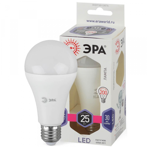 Лампа светодиодная ЭРА E27 25W 6000K матовая LED A65-25W-860-E27 Б0035336 Лампа светодиодная ЭРА E27 25W 6000K матовая LED A65-25W-860-E27 Б0035336