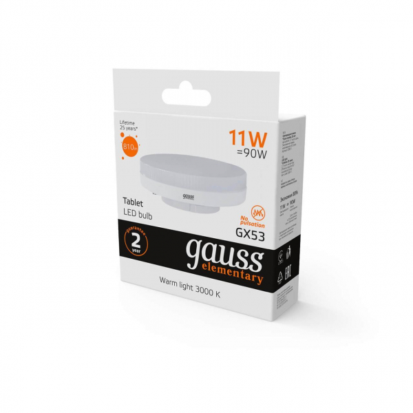 Лампа светодиодная Gauss GX53 11W 3000K матовая 83811 Лампа светодиодная Gauss GX53 11W 3000K матовая 83811