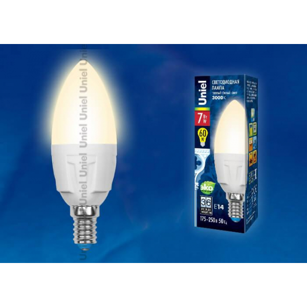 Лампа светодиодная Uniel E14 7W 3000K матовая LED-C37 7W/WW/E14/FR PLP01WH UL-00002413 Лампа светодиодная Uniel E14 7W 3000K матовая LED-C37 7W/WW/E14/FR PLP01WH UL-00002413