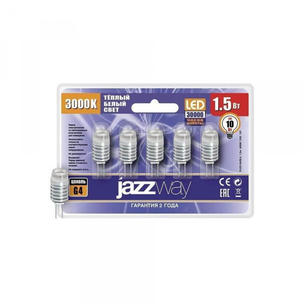 Лампа светодиодная Jazzway G4 1,5W 3000K прозрачная 5шт 1021168 Лампа светодиодная Jazzway G4 1,5W 3000K прозрачная 5шт 1021168