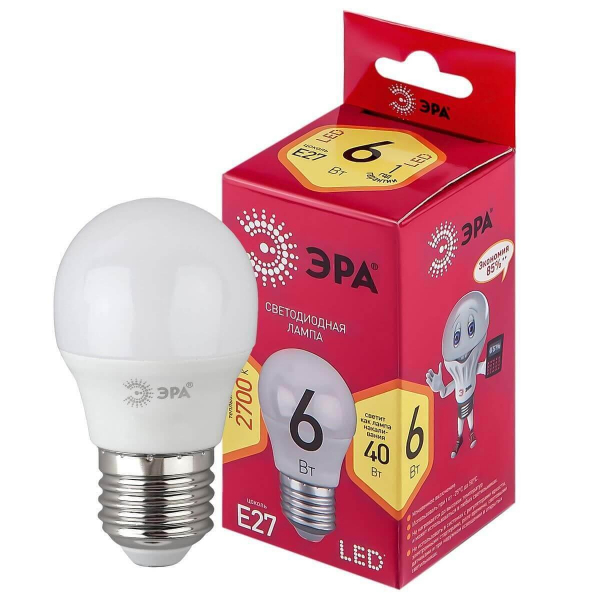 Лампа светодиодная ЭРА E27 6W 2700K матовая LED P45-6W-827-E27 R Б0049643 Лампа светодиодная ЭРА E27 6W 2700K матовая LED P45-6W-827-E27 R Б0049643