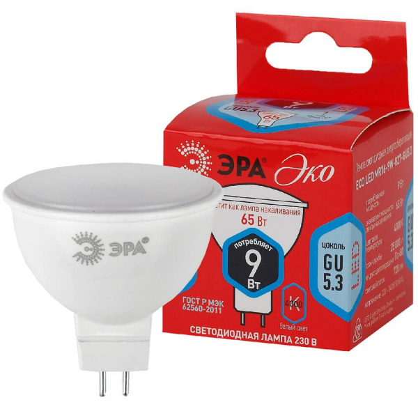 Лампа светодиодная ЭРА GU5.3 9W 4000K матовая LED MR16-9W-840-GU5.3 R Б0050199 Лампа светодиодная ЭРА GU5.3 9W 4000K матовая LED MR16-9W-840-GU5.3 R Б0050199