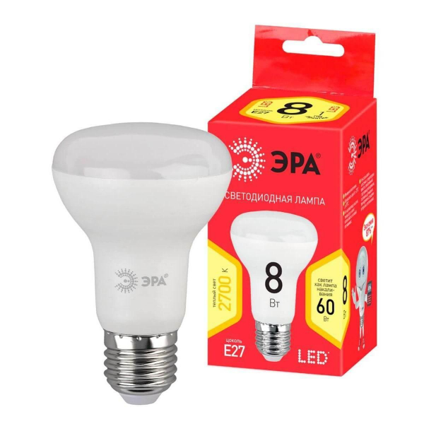 Лампа светодиодная ЭРА E27 8W 2700K матовая LED R63-8W-827-E27 R Б0050701 Лампа светодиодная ЭРА E27 8W 2700K матовая LED R63-8W-827-E27 R Б0050701