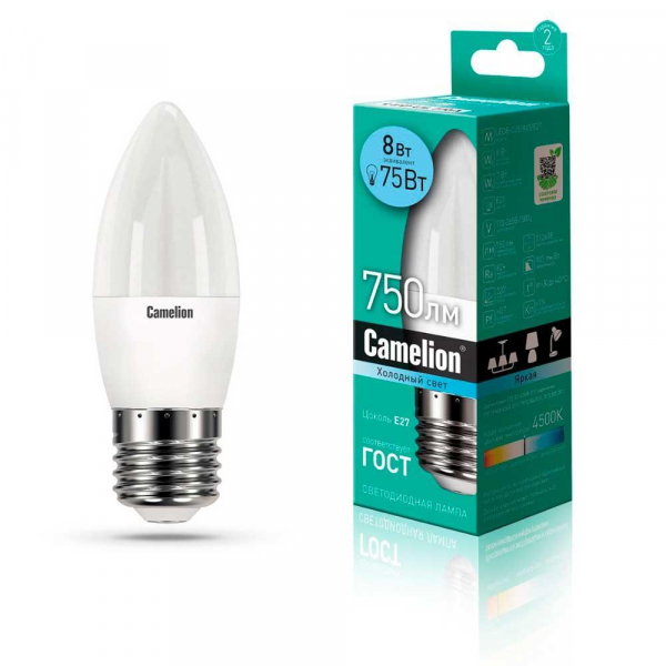 Лампа светодиодная Camelion E27 8W 4500K LED8-C35/845/E27 12390 Лампа светодиодная Camelion E27 8W 4500K LED8-C35/845/E27 12390