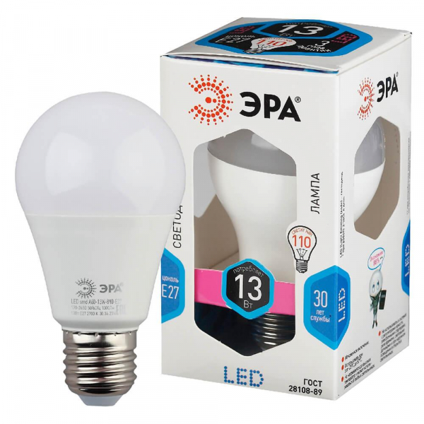 Лампа светодиодная ЭРА E27 13W 4000K матовая LED A60-13W-840-E27 Б0020537 Лампа светодиодная ЭРА E27 13W 4000K матовая LED A60-13W-840-E27 Б0020537