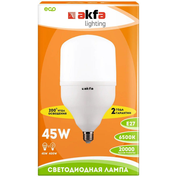 Лампа светодиодная Akfa Lighting E27 45W 6500K матовая FLLCB452765A Лампа светодиодная Akfa Lighting E27 45W 6500K матовая FLLCB452765A