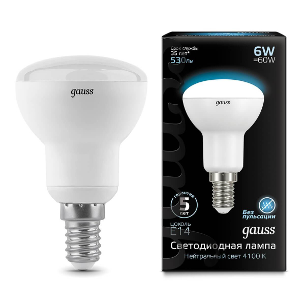 Лампа светодиодная рефлекторная Gauss E14 6W 4100K матовая 106001206 Лампа светодиодная рефлекторная Gauss E14 6W 4100K матовая 106001206