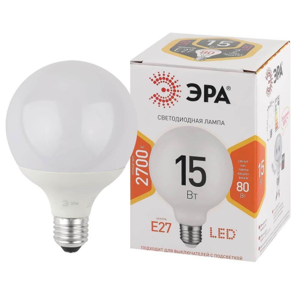 Лампа светодиодная ЭРА E27 15W 2700K матовая LED G90-15W-2700K-E27 Б0049077 Лампа светодиодная ЭРА E27 15W 2700K матовая LED G90-15W-2700K-E27 Б0049077