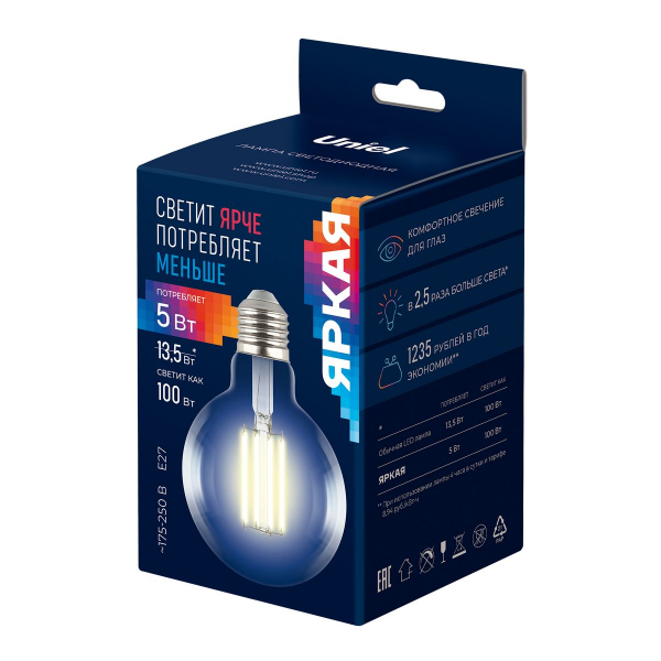 Лампа светодиодная Uniel E27 5W 3000K прозрачная LED-G95-5W/3000K/E27/CL GLY01TR UL-00011942 Лампа светодиодная Uniel E27 5W 3000K прозрачная LED-G95-5W/3000K/E27/CL GLY01TR UL-00011942