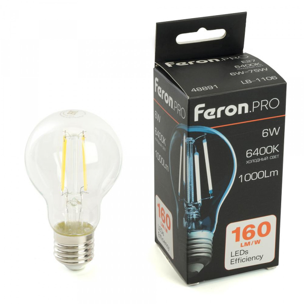 Лампа светодиодная Feron.PRO LB-1106 Шар E27 1000LM 6W 175-265V 6400K 48891 Лампа светодиодная Feron.PRO LB-1106 Шар E27 1000LM 6W 175-265V 6400K 48891