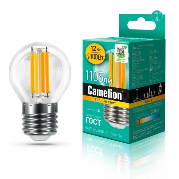 Лампа светодиодная Camelion E27 12W 3000K LED12-G45-FL/830/E27 13714 Лампа светодиодная Camelion E27 12W 3000K LED12-G45-FL/830/E27 13714