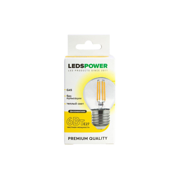 Светодиодная лампа LEDS POWER Filament G45 E27 6Вт 3000К 007113 Светодиодная лампа LEDS POWER Filament G45 E27 6Вт 3000К 007113