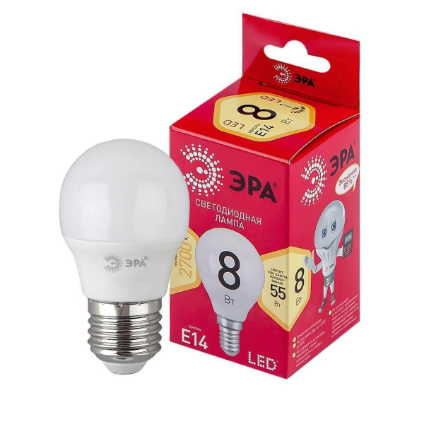 Лампа светодиодная ЭРА E14 8W 2700K матовая LED P45-8W-827-E14 R Б0050697 Лампа светодиодная ЭРА E14 8W 2700K матовая LED P45-8W-827-E14 R Б0050697