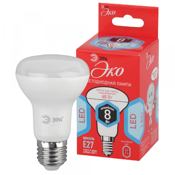 Лампа светодиодная ЭРА E27 8W 4000K матовая ECO LED R63-8W-840-E27 Б0050299 Лампа светодиодная ЭРА E27 8W 4000K матовая ECO LED R63-8W-840-E27 Б0050299