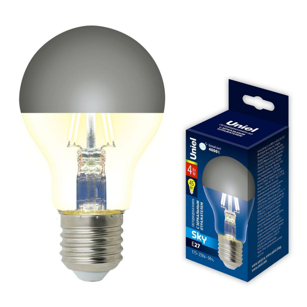 Лампа светодиодная Uniel E27 4W 4000K зеркальная LED-A60-4W/4000K/E27/CL MIRROR/CHROME PLS02WH UL-00011796 Лампа светодиодная Uniel E27 4W 4000K зеркальная LED-A60-4W/4000K/E27/CL MIRROR/CHROME PLS02WH UL-00011796