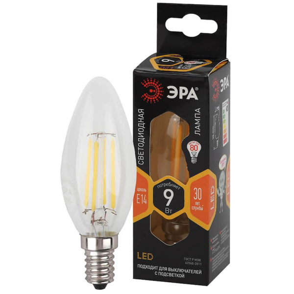 Лампа светодиодная ЭРА E14 9W 2700K прозрачная F-LED B35-9w-827-E14 Б0046991 Лампа светодиодная ЭРА E14 9W 2700K прозрачная F-LED B35-9w-827-E14 Б0046991