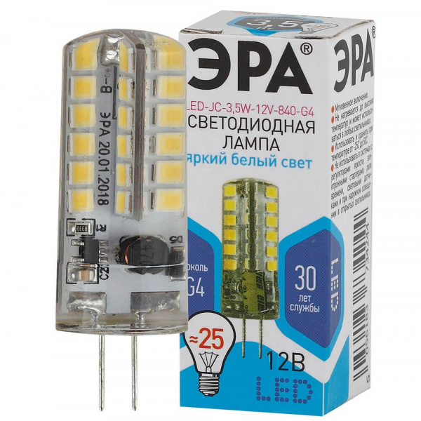 Лампа светодиодная ЭРА G4 3,5W 4000K прозрачная LED JC-3,5W-12V-840-G4 Б0033196 Лампа светодиодная ЭРА G4 3,5W 4000K прозрачная LED JC-3,5W-12V-840-G4 Б0033196