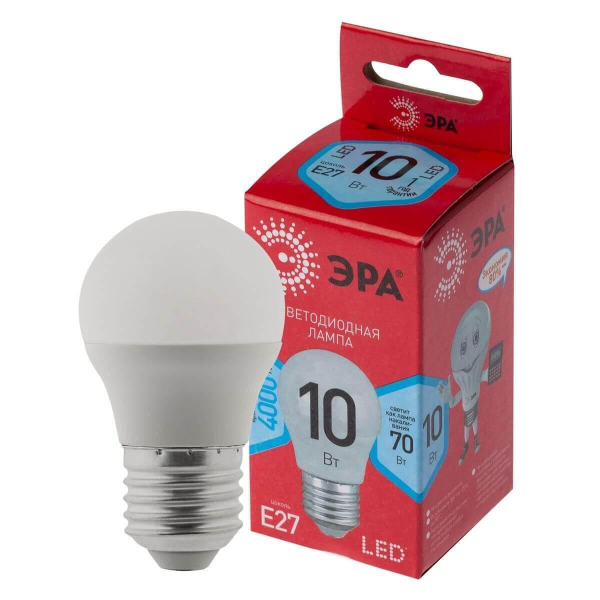 Лампа светодиодная ЭРА E27 10W 4000K матовая LED P45-10W-840-E27 R Б0050234 Лампа светодиодная ЭРА E27 10W 4000K матовая LED P45-10W-840-E27 R Б0050234