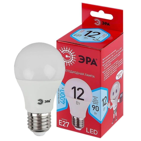 Лампа светодиодная ЭРА E27 12W 4000K матовая LED A60-12W-840-E27 R Б0049636 Лампа светодиодная ЭРА E27 12W 4000K матовая LED A60-12W-840-E27 R Б0049636