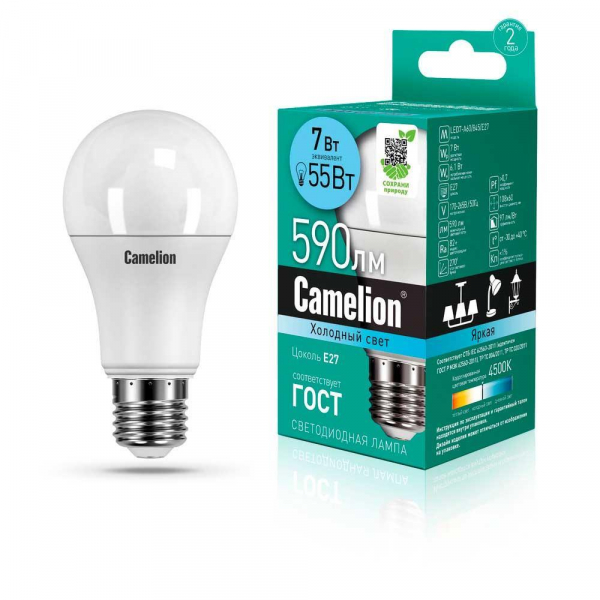 Лампа светодиодная Camelion E27 7W 4500K LED7-A60/845/E27 11254 Лампа светодиодная Camelion E27 7W 4500K LED7-A60/845/E27 11254