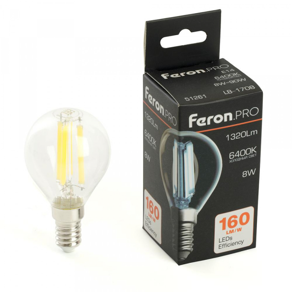 Лампа светодиодная Feron.PRO LB-1708 Шарик E14 1320LM 8W 175-265V 6400K 51261 Лампа светодиодная Feron.PRO LB-1708 Шарик E14 1320LM 8W 175-265V 6400K 51261
