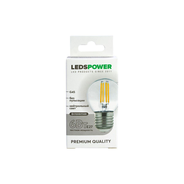 Светодиодная лампа LEDS POWER Filament G45 E27 6Вт 4000К 007120 Светодиодная лампа LEDS POWER Filament G45 E27 6Вт 4000К 007120