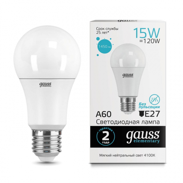 Лампа светодиодная Gauss E27 15W 4100K матовая 23225 Лампа светодиодная Gauss E27 15W 4100K матовая 23225
