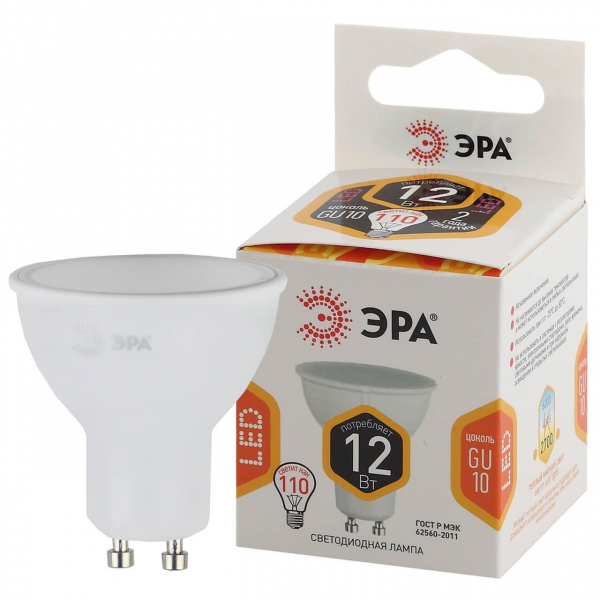 Лампа светодиодная ЭРА GU10 12W 2700K матовая MR16-12W-827-GU10 Б0047733 Лампа светодиодная ЭРА GU10 12W 2700K матовая MR16-12W-827-GU10 Б0047733