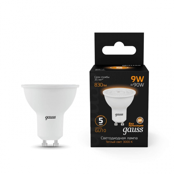 Лампа светодиодная Gauss GU10 9W 3000K матовая 101506109 Лампа светодиодная Gauss GU10 9W 3000K матовая 101506109
