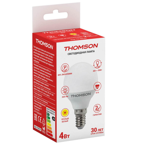 Лампа светодиодная Thomson E14 4W 3000K шар матовая TH-B2101