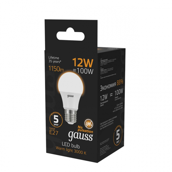 Лампа светодиодная Gauss E27 12W 3000K матовая 102502112 Лампа светодиодная Gauss E27 12W 3000K матовая 102502112