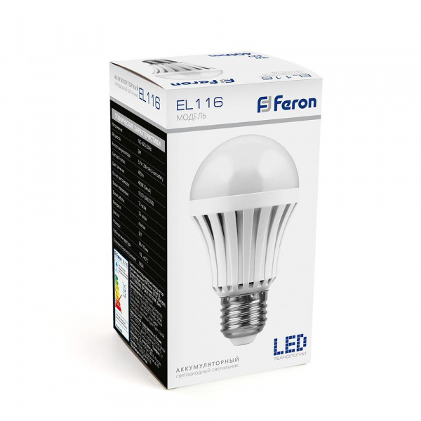 Лампа светодиодная аккумуляторная Feron E27 12W 6500K матовая EL116 48980 Лампа светодиодная аккумуляторная Feron E27 12W 6500K матовая EL116 48980