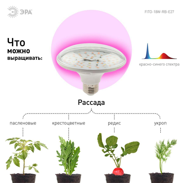 Лампа светодиодная для растений ЭРА FITO-18W-RB-E27 Б0049533 Лампа светодиодная для растений ЭРА FITO-18W-RB-E27 Б0049533