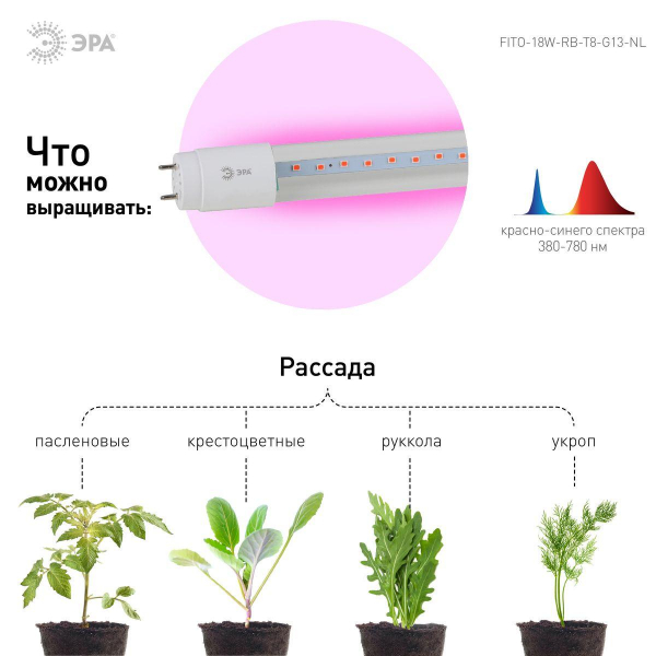 Лампа светодиодная для растений ЭРА G13 18W 1200K прозрачная Fito-18W-RB-Т8-G13-NL Б0042990