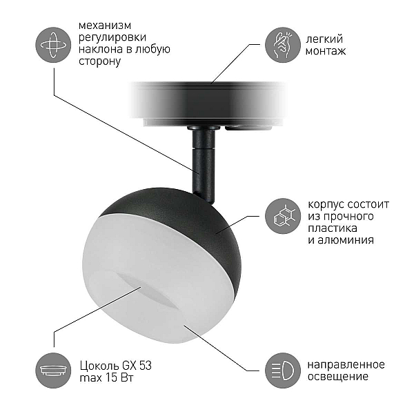 Трековый светильник однофазный ЭРА Round TR46-GX53 BK Б0054153