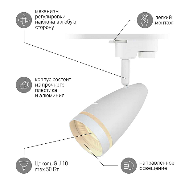 Трековый светильник однофазный ЭРА Taper TR49-GU10 WH Б0054161