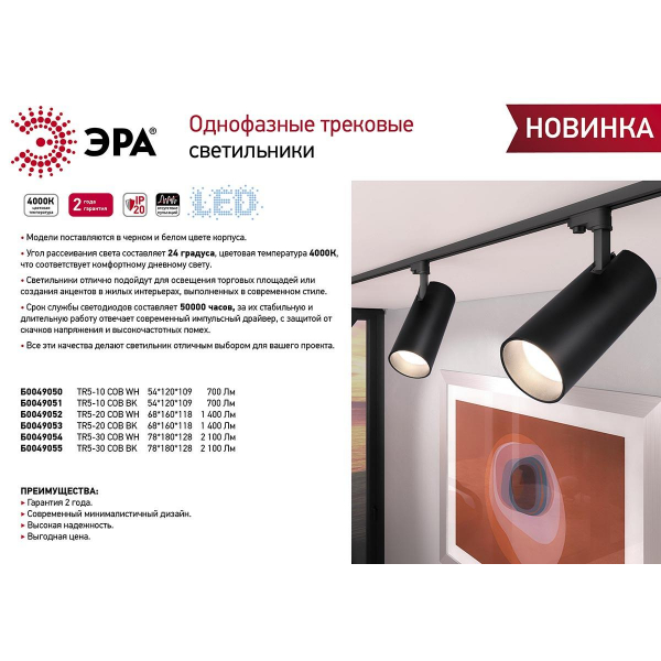 Трековый светодиодный светильник ЭРА TR5-20 COB WH Б0049052 Трековый светодиодный светильник ЭРА TR5-20 COB WH Б0049052