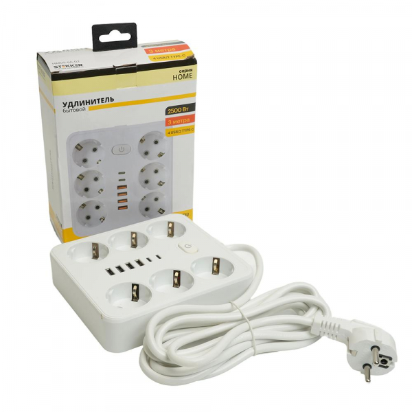 Удлинитель 6-местный c/з 3x1 мм2, 3 м, 250В, 10А, 4USB+2Type-C 2,4А, серия Home plus, белый STEKKER HM09-66-02 49982 Удлинитель 6-местный c/з 3x1 мм2, 3 м, 250В, 10А, 4USB+2Type-C 2,4А, серия Home plus, белый STEKKER HM09-66-02 49982