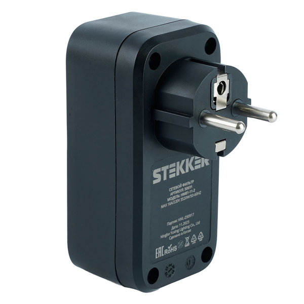 Сетевой фильтр 1-местный с/з Stekker 220В, 16А, с выключателем Nova, HM81-11-2, черный 50691