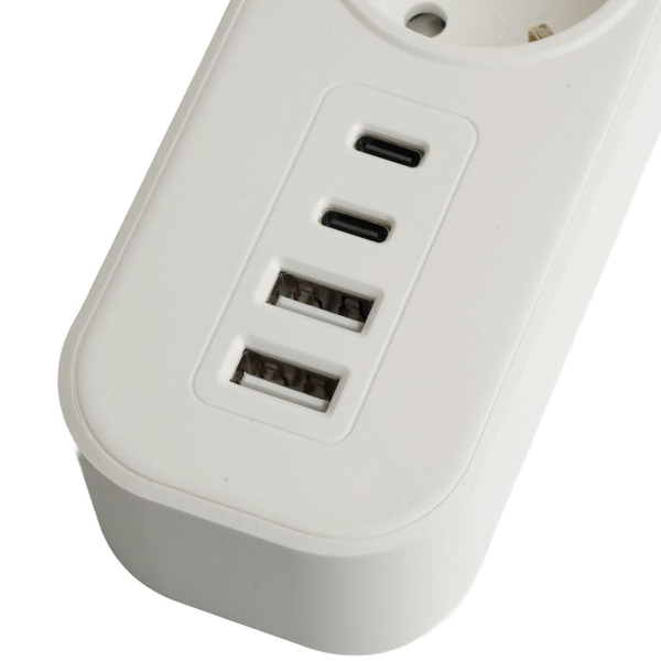 Сетевой фильтр 3-местный с/з STEKKER 3x1мм2, 5 м, 250В, 16А, 2 USB-A+2 Type-C 3, серия Nova, белый