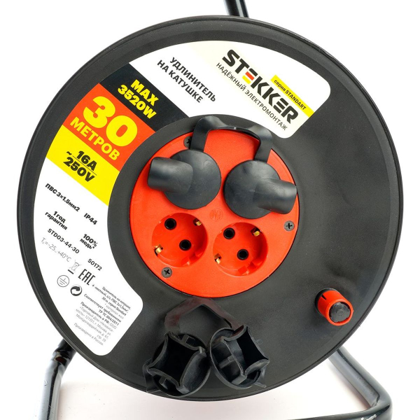 Удлинитель на катушке Stekker STD03-44-30 Standart 4-местный с/з ПВС 3*1,5, оранжевый, 16А, IP44, 30м (29407) 50172