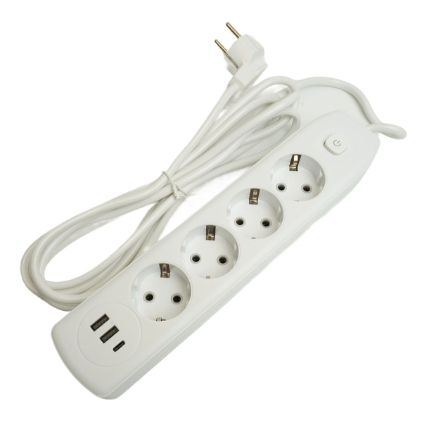 Удлинитель 4-местный c/з 3x1 мм2, 3 м, 250В, 10А, 2USB+1Type-C 2,4А Home plus, белый Stekker HM08-43-02 49978