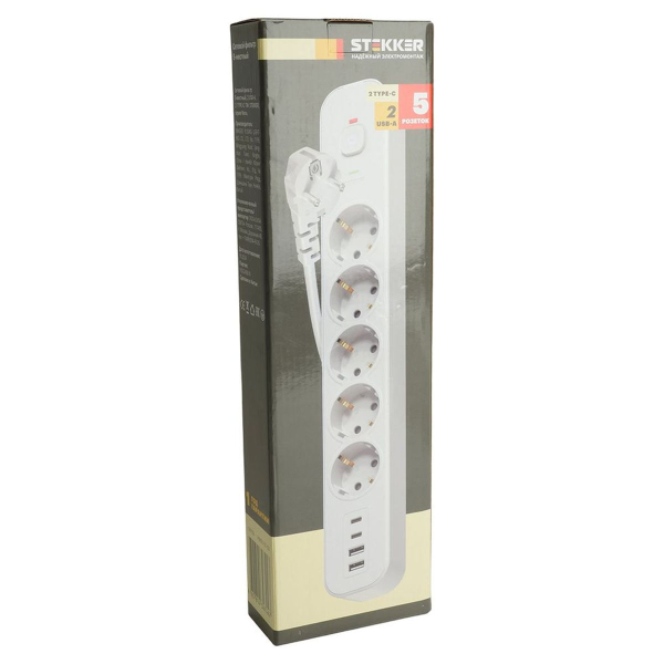 Сетевой фильтр 5-местный с/з STEKKER 3x1мм2, 3 м, 250В, 16А, 2 USB-A+2 Type-C 3, серия Nova, белый