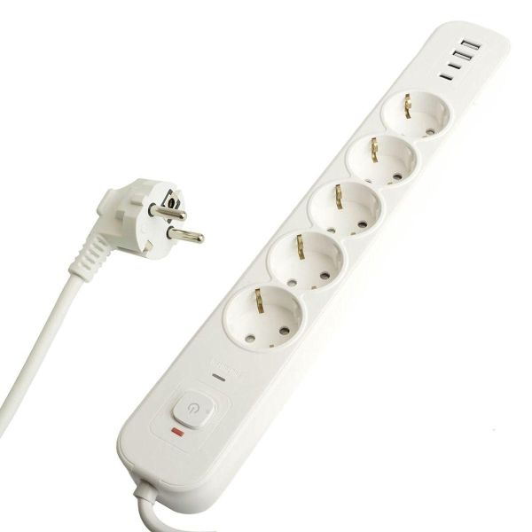 Сетевой фильтр 5-местный с/з STEKKER 3x1мм2, 5 м, 250В, 16А, 2 USB-A+2 Type-C 3, серия Nova, белый