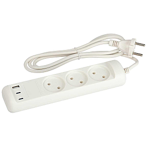 Удлинитель электрический ЭРА U-3-1,5m-USB-W 3 розетки + 3xUSB A+C 1,5м 10А белый Б0069075