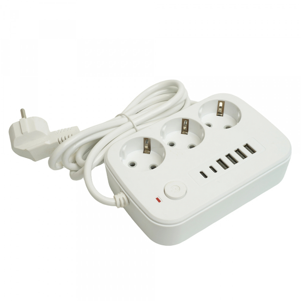 Удлинитель 3-местный c/з 3x1 мм2, 1,8 м, 250В, 10А, 4USB+2Type-C 2,4А, серия Home plus, белый STEKKER HM09-36-02 49972 Удлинитель 3-местный c/з 3x1 мм2, 1,8 м, 250В, 10А, 4USB+2Type-C 2,4А, серия Home plus, белый STEKKER HM09-36-02 49972