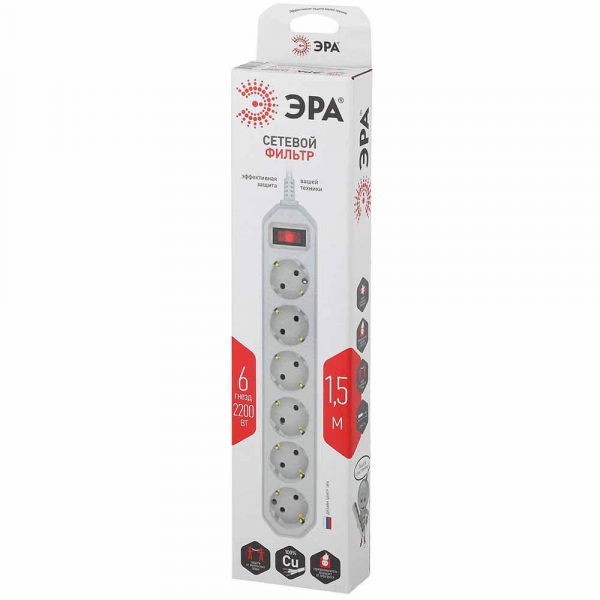 Сетевой фильтр ЭРА USF-6es-1,5m-W-Box Б0037260 Сетевой фильтр ЭРА USF-6es-1,5m-W-Box Б0037260