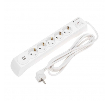 Фильтр сетевой 5 гнезд, 3м, 3х1,5мм², с автовыкл, 2 USB, белый KRANZ 13-4700