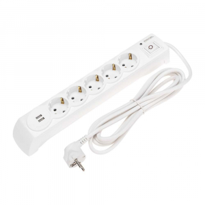 Фильтр сетевой 5 гнезд, 3м, 3х1,5мм², с автовыкл, 2 USB, белый KRANZ 13-4700